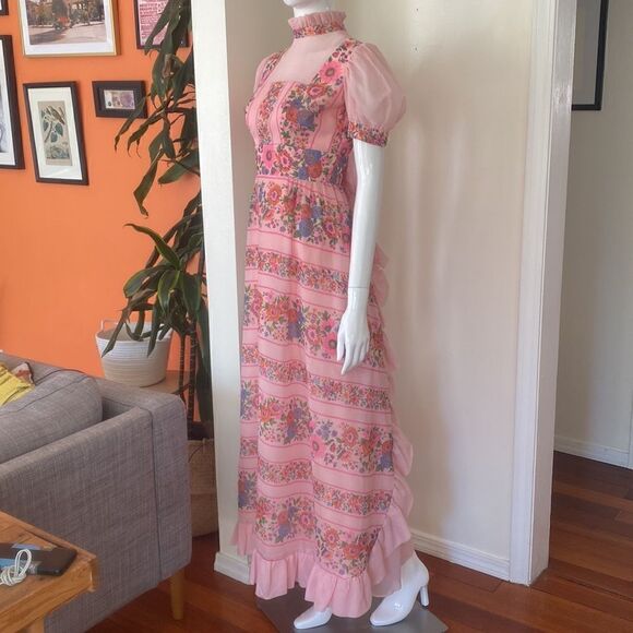 Vintage Pink Floral Victorian Style High Neck Maxi Dress Size Small - Picture 5 of 16